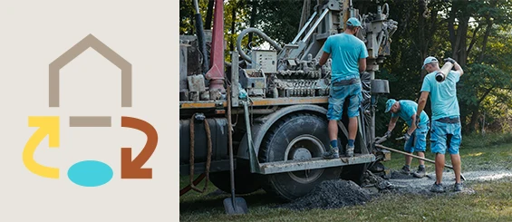 Forage géothermique en cours avec une machine creusant le sol boueux, illustrant le principe de la géothermie fermée utilisant des sondes verticales pour capter la chaleur terrestre.